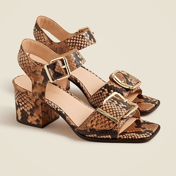 J.Crew Dylan Brown Leather Buckle Block Heel Sandals Size 6 Snake Skin Print - Picture 1 of 10